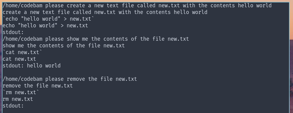 terminal showing creating a file using please
